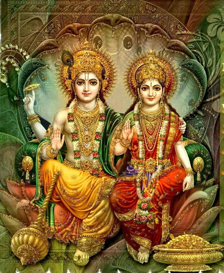 Krishna and Radha Sitting Together on a Lotus Throne with Peacock Feather Crown HD phone wallpaper
