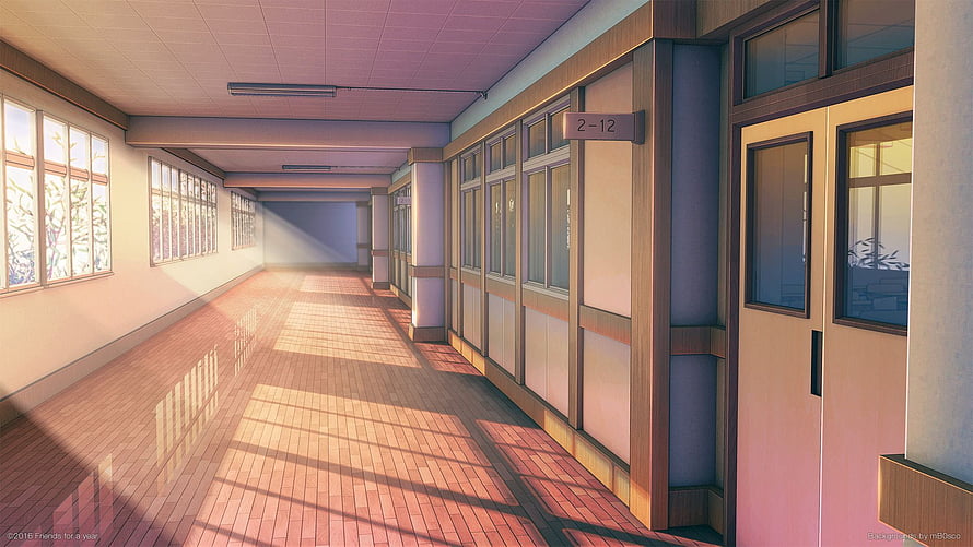 Sunlit Japanese School Corridor with Warm Afternoon Light and Empty Classrooms HD wallpaper
