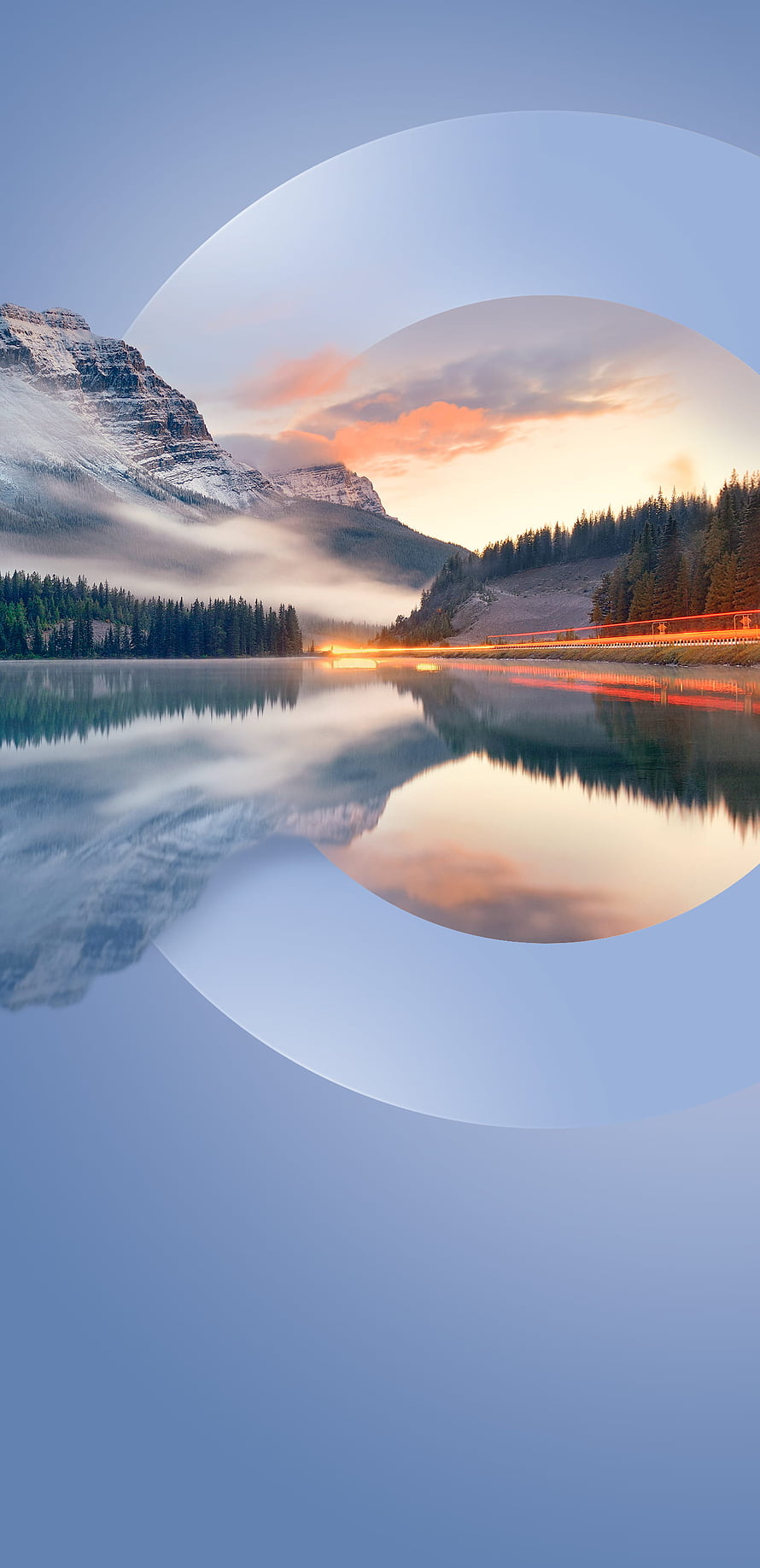 Serene Mountain Lake Reflection with Circular Overlay and Sunset Light Trails HD phone wallpaper