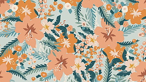 Spring Floral Pattern with Peach Blossoms and Teal Foliage on a Muted Background HD wallpaper