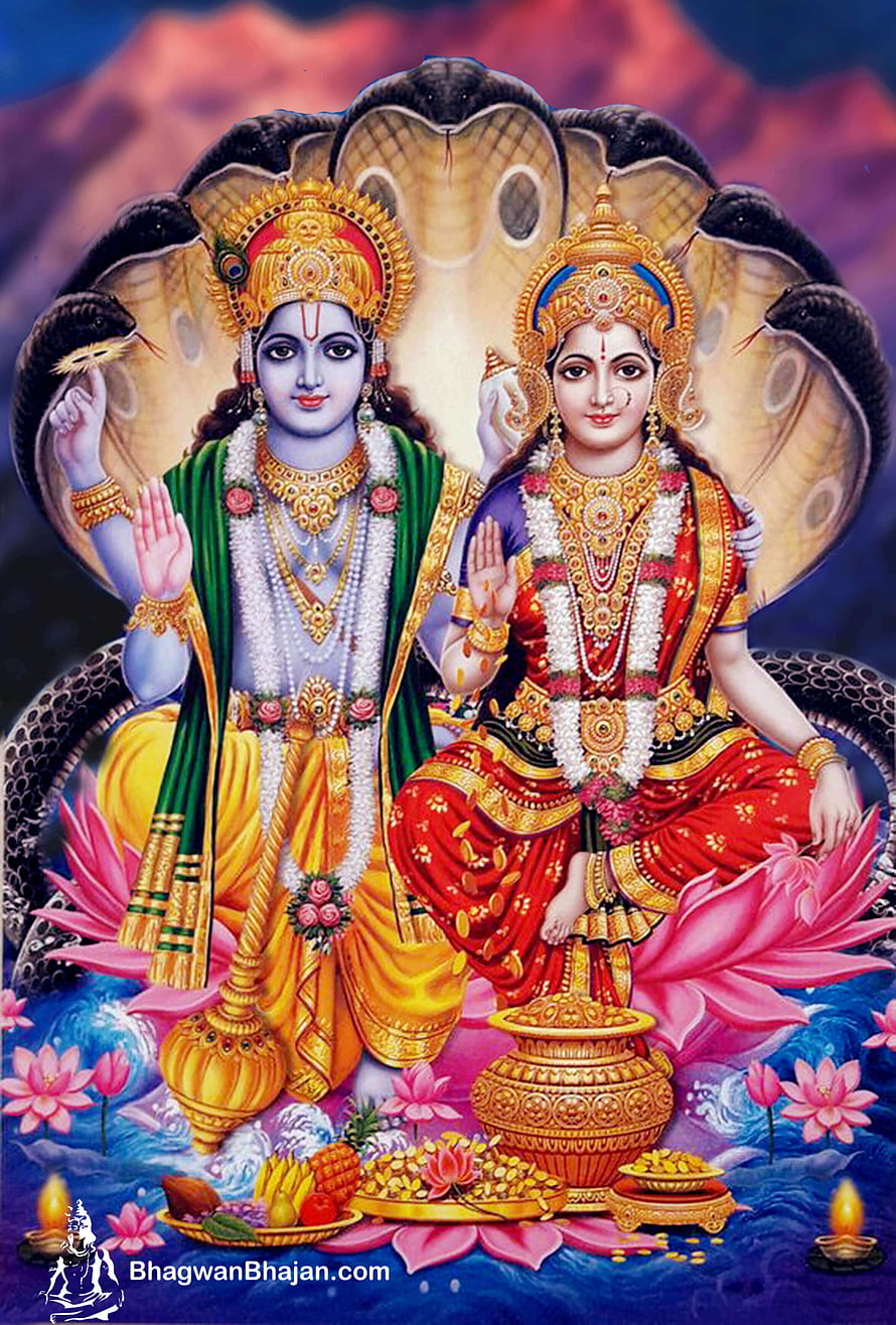 Lord Vishnu and Goddess Lakshmi Sitting on Sheshnag Snake with Lotus Flowers HD phone wallpaper