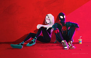 Spider-Man and Ghost-Spider Sitting Together in Animated Style, Gwen And Miles Chillin, Superheroes, Backgrounds, and, miles and gwen HD wallpaper