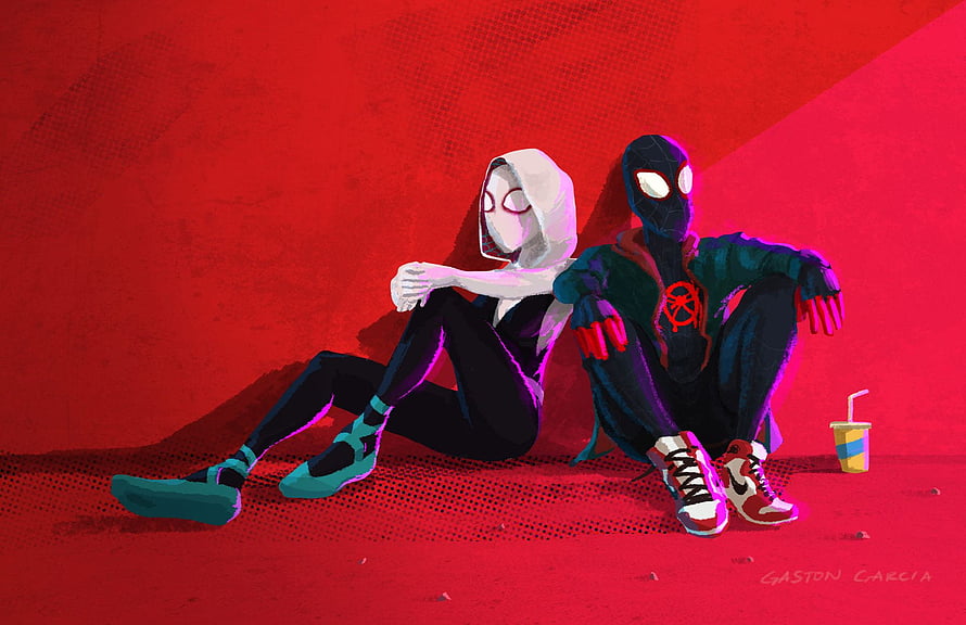 Spider-Man and Ghost-Spider Sitting Together in Animated Style, Gwen And Miles Chillin, Superheroes, Backgrounds, and, miles and gwen HD wallpaper