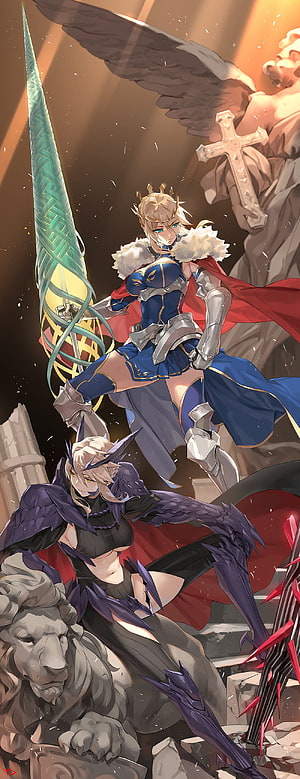 Fate Grand Order Artoria Pendragon Lancer and Alter in Epic Fantasy Battle Scene HD phone wallpaper
