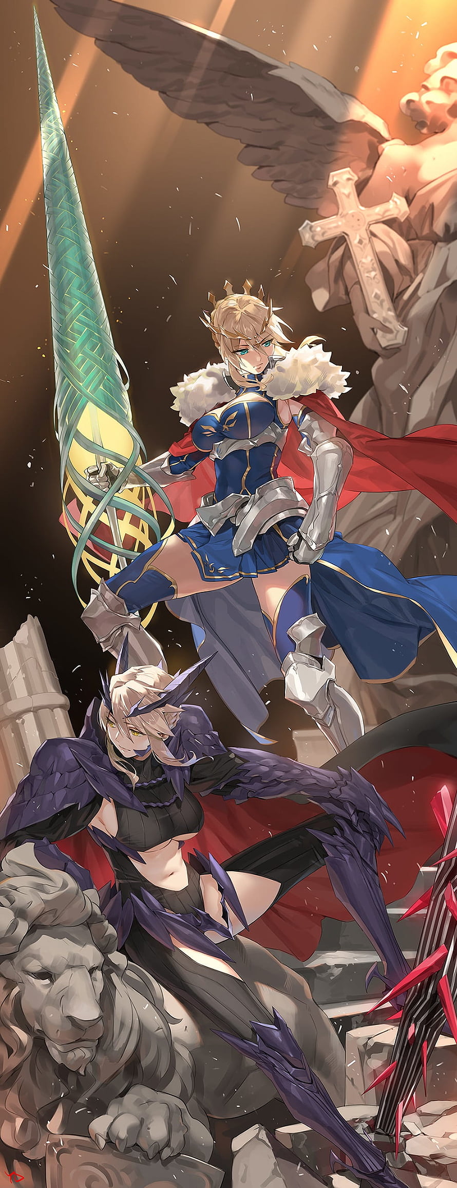 Fate Grand Order Artoria Pendragon Lancer and Alter in Epic Fantasy Battle Scene HD phone wallpaper