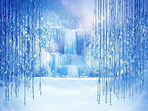 Frozen Winter Waterfall with Icicles and Snowy Pine Forest HD wallpaper