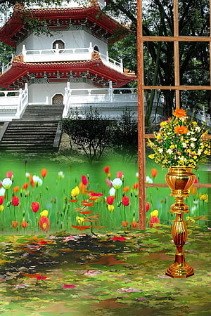 Traditional Chinese Pagoda Temple With Golden Vase And Colorful Flowers HD phone wallpaper