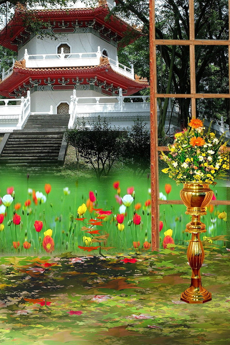 Traditional Chinese Pagoda Temple With Golden Vase And Colorful Flowers HD phone wallpaper