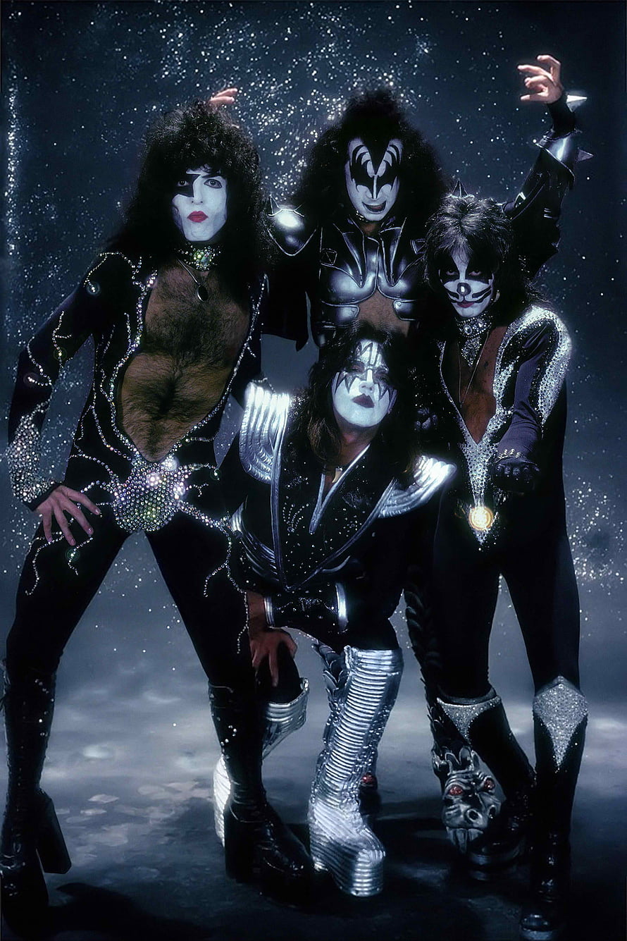 Kiss Band Members in Iconic Face Paint and Sparkling Stage Costumes HD phone wallpaper