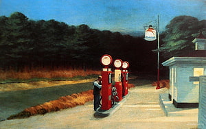 Edward Hopper Gas Station Painting with Vintage Pumps and Attendant HD wallpaper