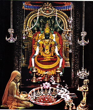 Kamakshi Temple Murti with Priest Performing Pooja and Elaborate Kolam HD phone wallpaper