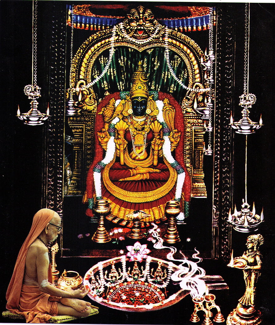 Kamakshi Temple Murti with Priest Performing Pooja and Elaborate Kolam HD phone wallpaper