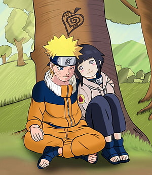 Naruto and Hinata sitting together under the tree with their heart carving HD phone wallpaper