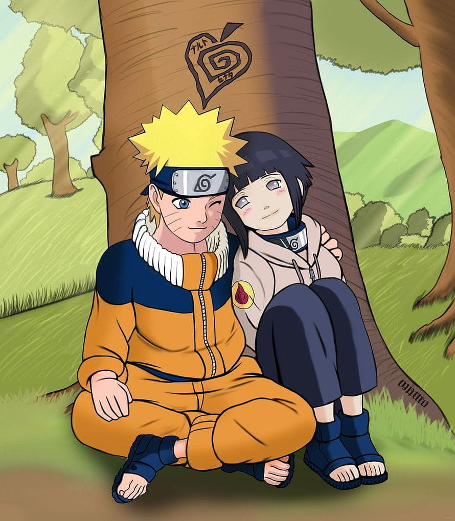 Naruto and Hinata sitting together under the tree with their heart carving HD phone wallpaper