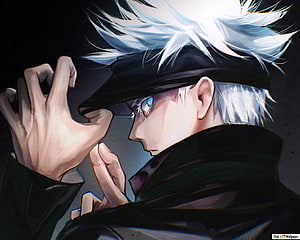 Satoru Gojo from Jujutsu Kaisen in a dramatic profile pose with white hair and a black hat HD wallpaper
