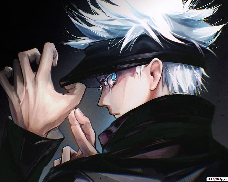 Satoru Gojo from Jujutsu Kaisen in a dramatic profile pose with white hair and a black hat HD wallpaper