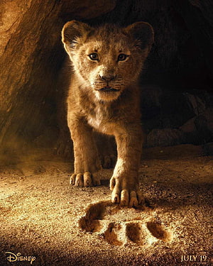 Simba the Lion King cub stepping into paw print cinematic poster HD phone wallpaper