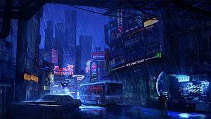 Rainy Cyberpunk City Street at Night with Neon Signs and Futuristic Atmosphere HD wallpaper