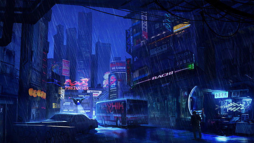Rainy Cyberpunk City Street at Night with Neon Signs and Futuristic Atmosphere HD wallpaper