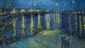 Vincent Van Gogh Nighttime River Scene with Moored Boat and Couple HD wallpaper