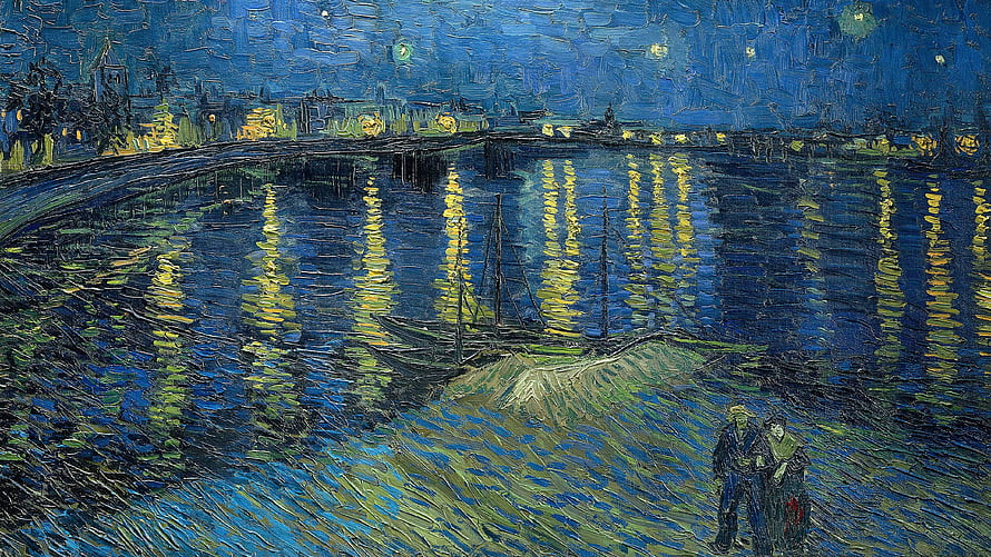 Vincent Van Gogh Nighttime River Scene with Moored Boat and Couple HD wallpaper