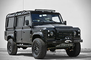 Black Land Rover Defender 110 Off-Road SUV with Roof Rack and LED Light Bar HD wallpaper