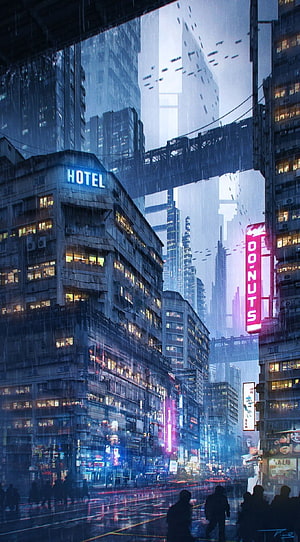 Rainy Cyberpunk Cityscape with Neon Signs and Towering Skyscrapers HD phone wallpaper