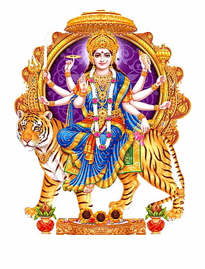 Goddess Durga Riding Tiger with Eight Arms and Golden Ornamentation HD phone wallpaper