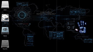 Futuristic Cyber Security World Map Interface With Hard Drive Icons And Biometric Scan HD wallpaper