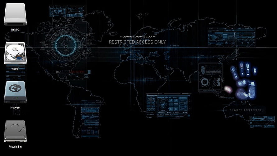 Futuristic Cyber Security World Map Interface With Hard Drive Icons And Biometric Scan HD wallpaper