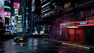 Neon-lit cyberpunk city street at night with retro car and motel sign HD wallpaper