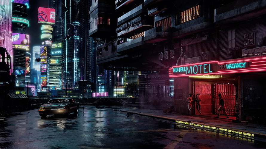 Neon-lit cyberpunk city street at night with retro car and motel sign HD wallpaper