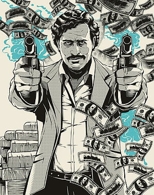 Pablo Escobar Illustration Holding Dual Pistols Amidst Falling Cash and Stacks of Money HD phone wallpaper