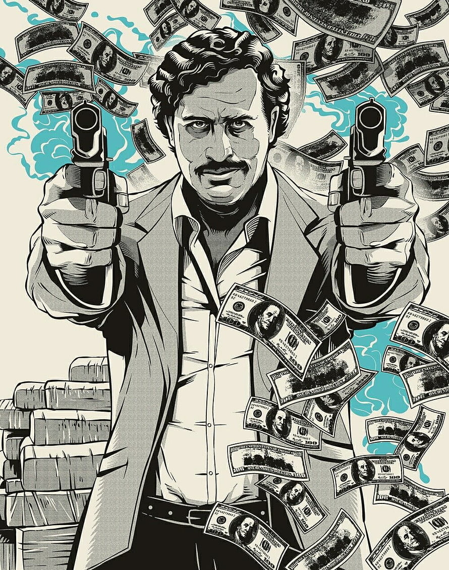 Pablo Escobar Illustration Holding Dual Pistols Amidst Falling Cash and Stacks of Money HD phone wallpaper