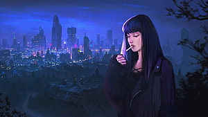 Lone Woman Smoking Cigarette Over Neon Cyberpunk City at Night, You left me alone ~ lofi hip hop mix, alone lofi HD wallpaper