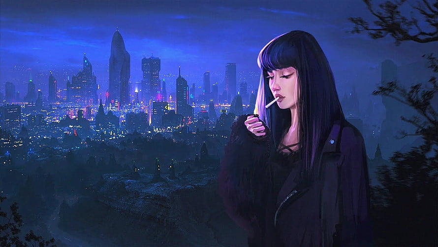 Lone Woman Smoking Cigarette Over Neon Cyberpunk City at Night, You left me alone ~ lofi hip hop mix, alone lofi HD wallpaper