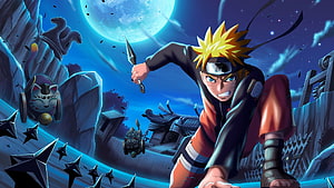 Naruto Uzumaki in Action with Kunai and Shuriken Under a Full Moon HD wallpaper