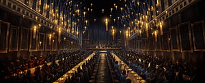 Harry Potter Great Hall Feast Scene with Floating Candles and House Tables HD wallpaper