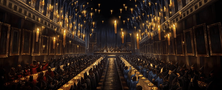 Harry Potter Great Hall Feast Scene with Floating Candles and House Tables HD wallpaper
