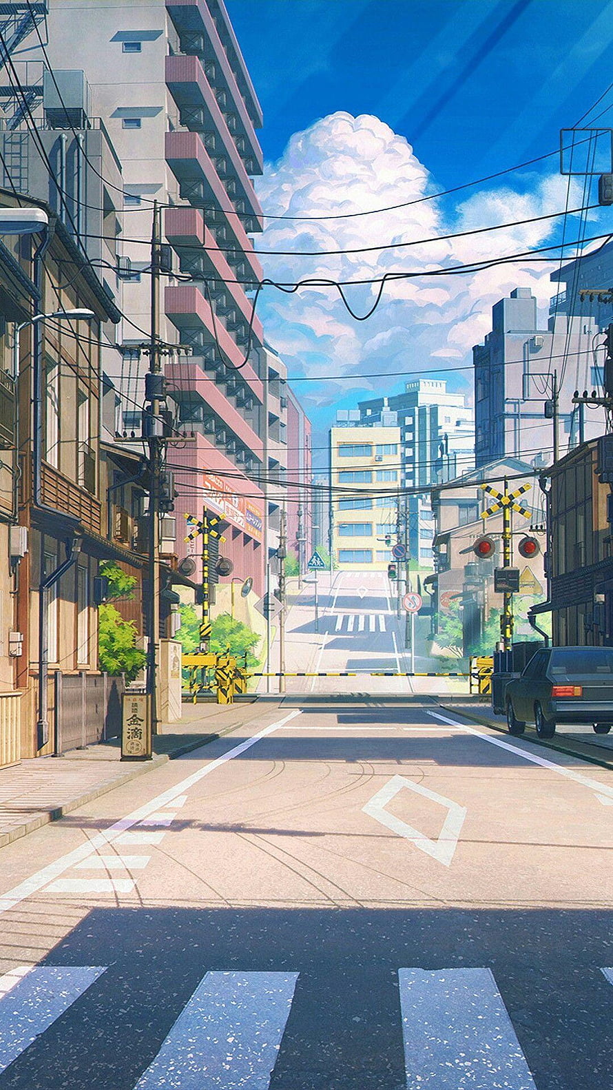 Sunny Japanese City Street with Railway Crossing and Blue Sky HD phone wallpaper