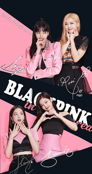 Blackpink members Lisa, Rosé, Jisoo, and Jennie posing in pink and black outfits with heart gestures HD phone wallpaper