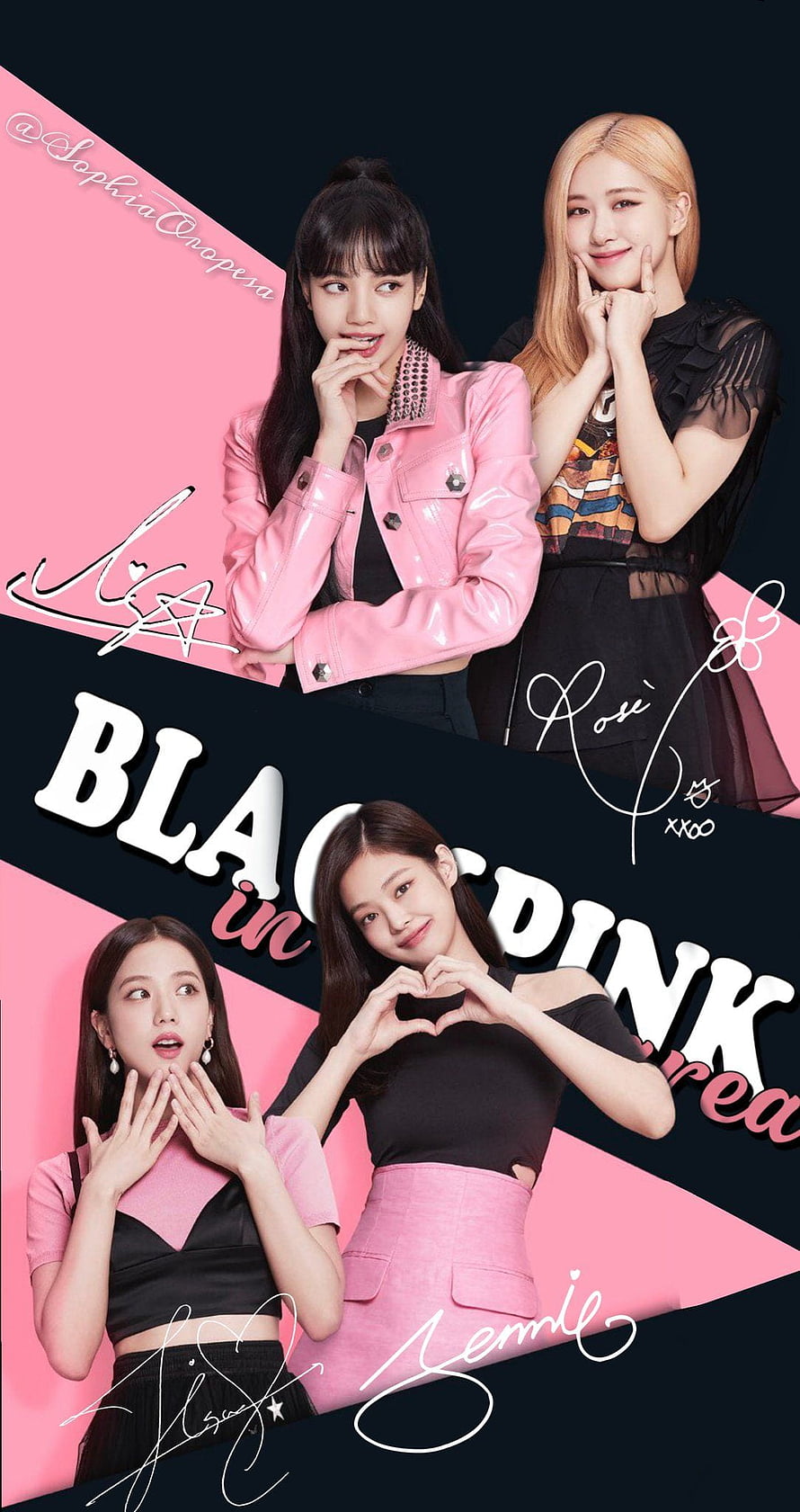 Blackpink members Lisa, Rosé, Jisoo, and Jennie posing in pink and black outfits with heart gestures HD phone wallpaper