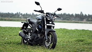 Yamaha MT-15 Black Motorcycle Parked on Grass Near Water HD wallpaper