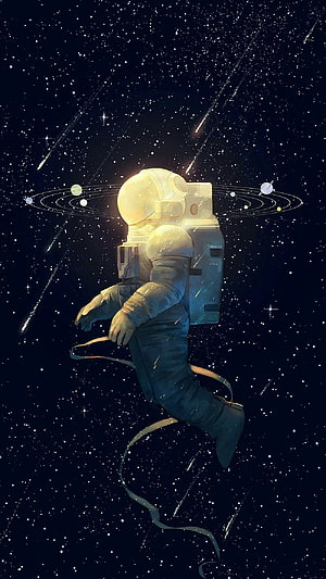 Astronaut Floating in Deep Space with Planetary Rings and Shooting Stars HD phone wallpaper