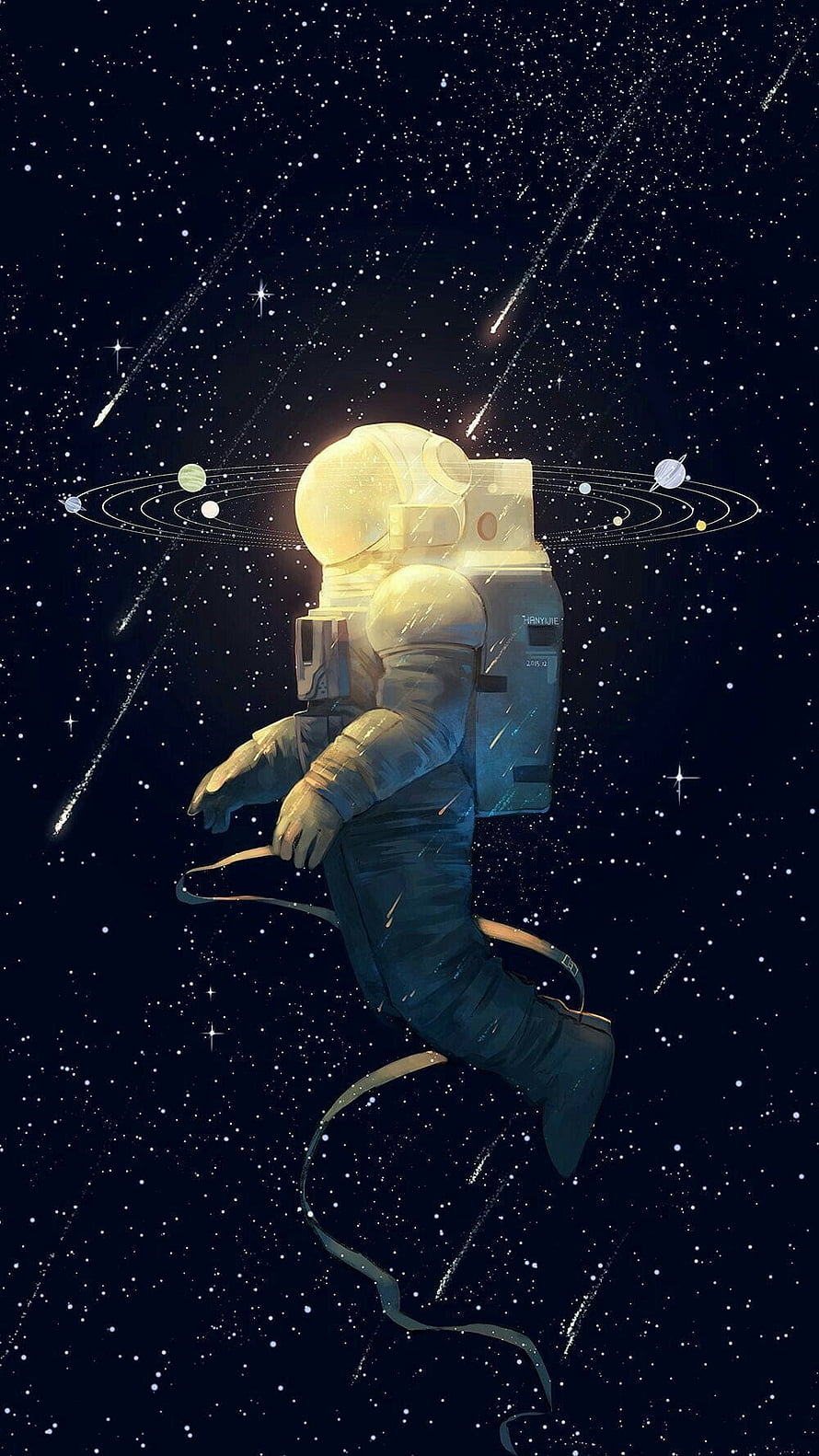 Astronaut Floating in Deep Space with Planetary Rings and Shooting Stars HD phone wallpaper