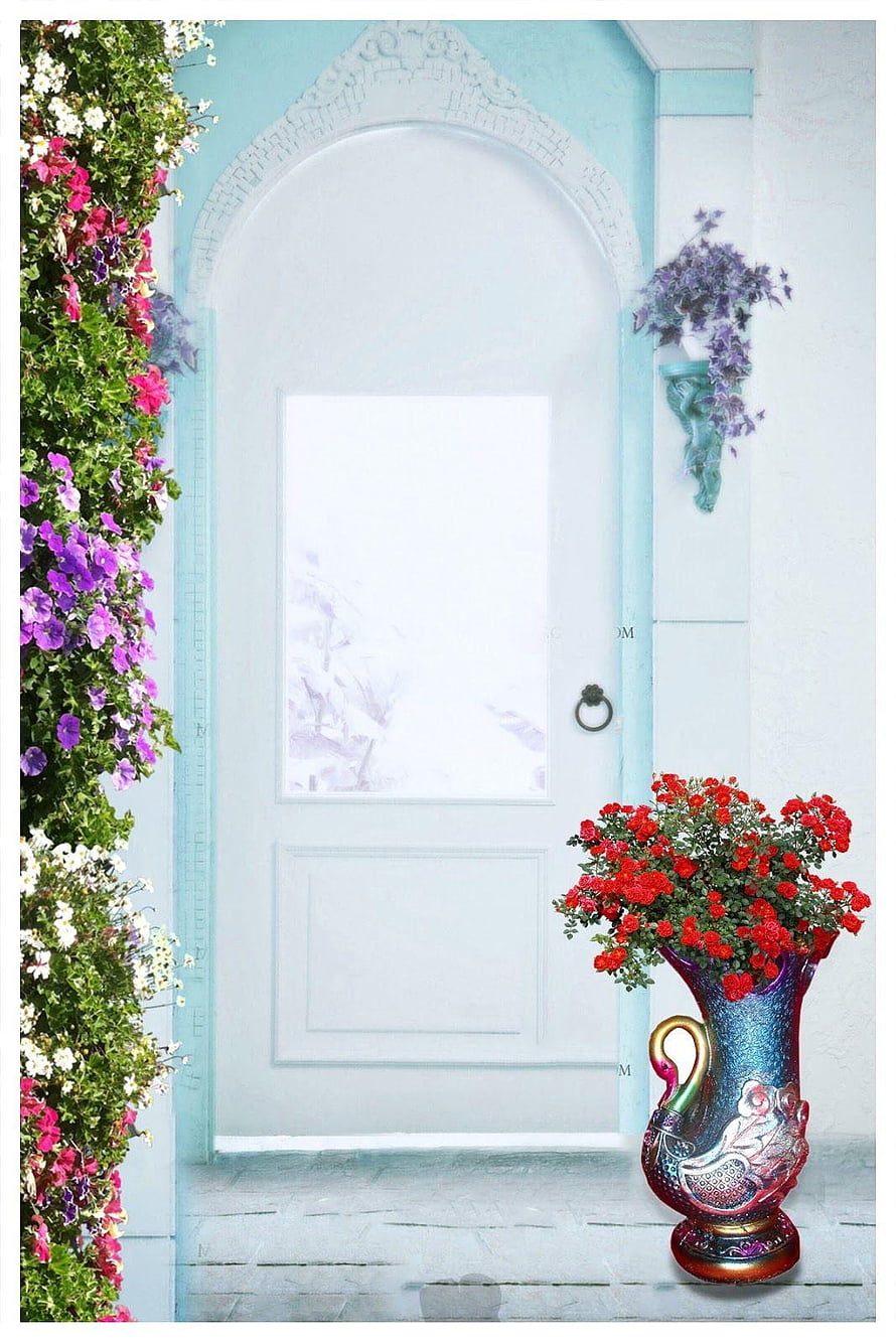 Charming White Arched Doorway with Colorful Flowers and Decorative Vase HD phone wallpaper