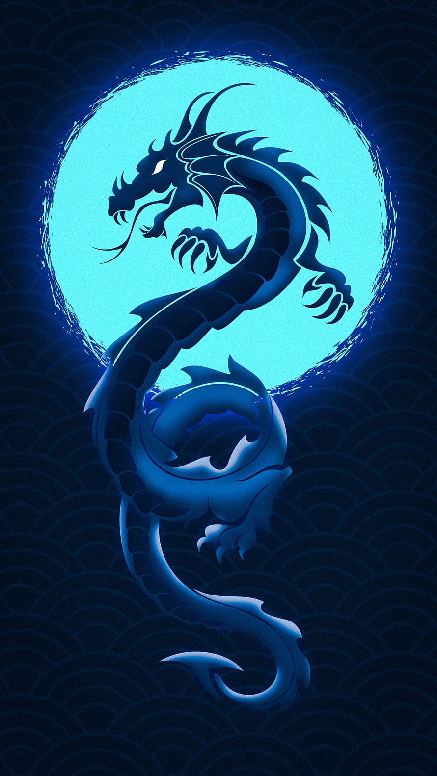 Blue Chinese Dragon Silhouette Against Glowing Moon With Traditional Wave Pattern Background HD phone wallpaper