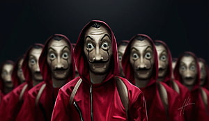 Money Heist Characters in Red Jumpsuits and Salvador Dali Masks HD wallpaper