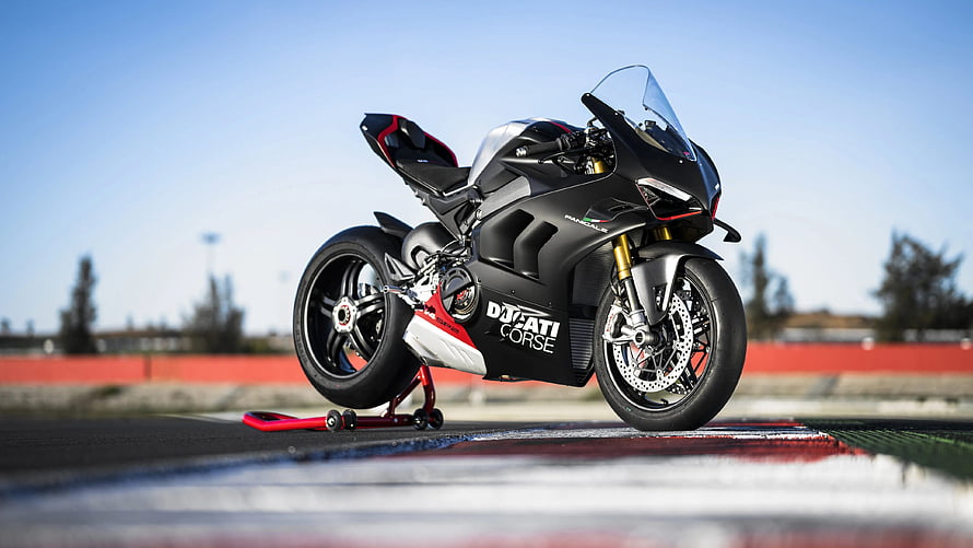 Ducati Panigale V4 SP2 Superbike on Track with Rear Paddock Stand HD wallpaper