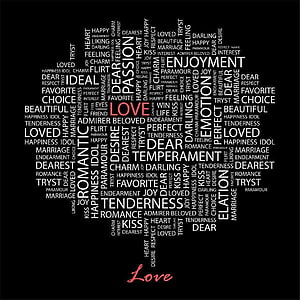 Heart-Shaped Word Cloud of Romance and Affection on Black Background HD phone wallpaper